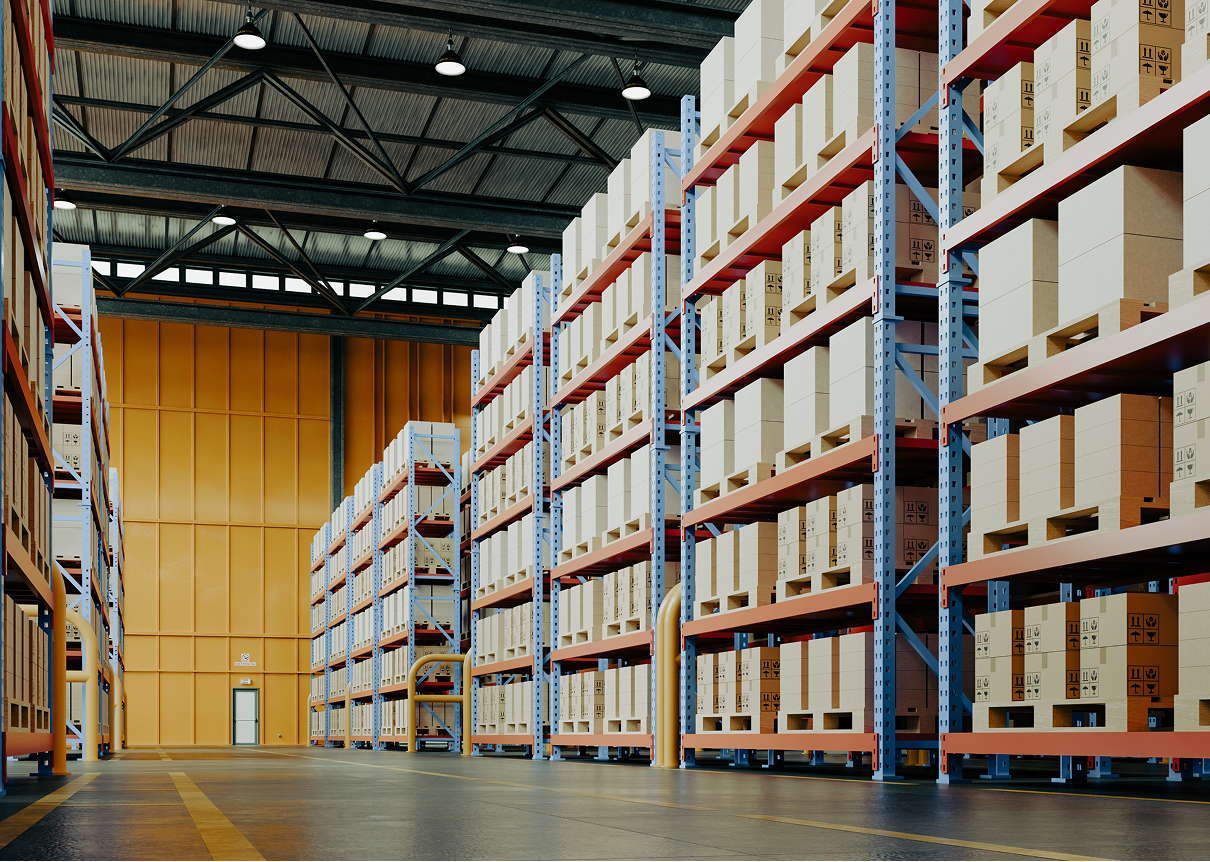 Large storage facility with stacked pallets