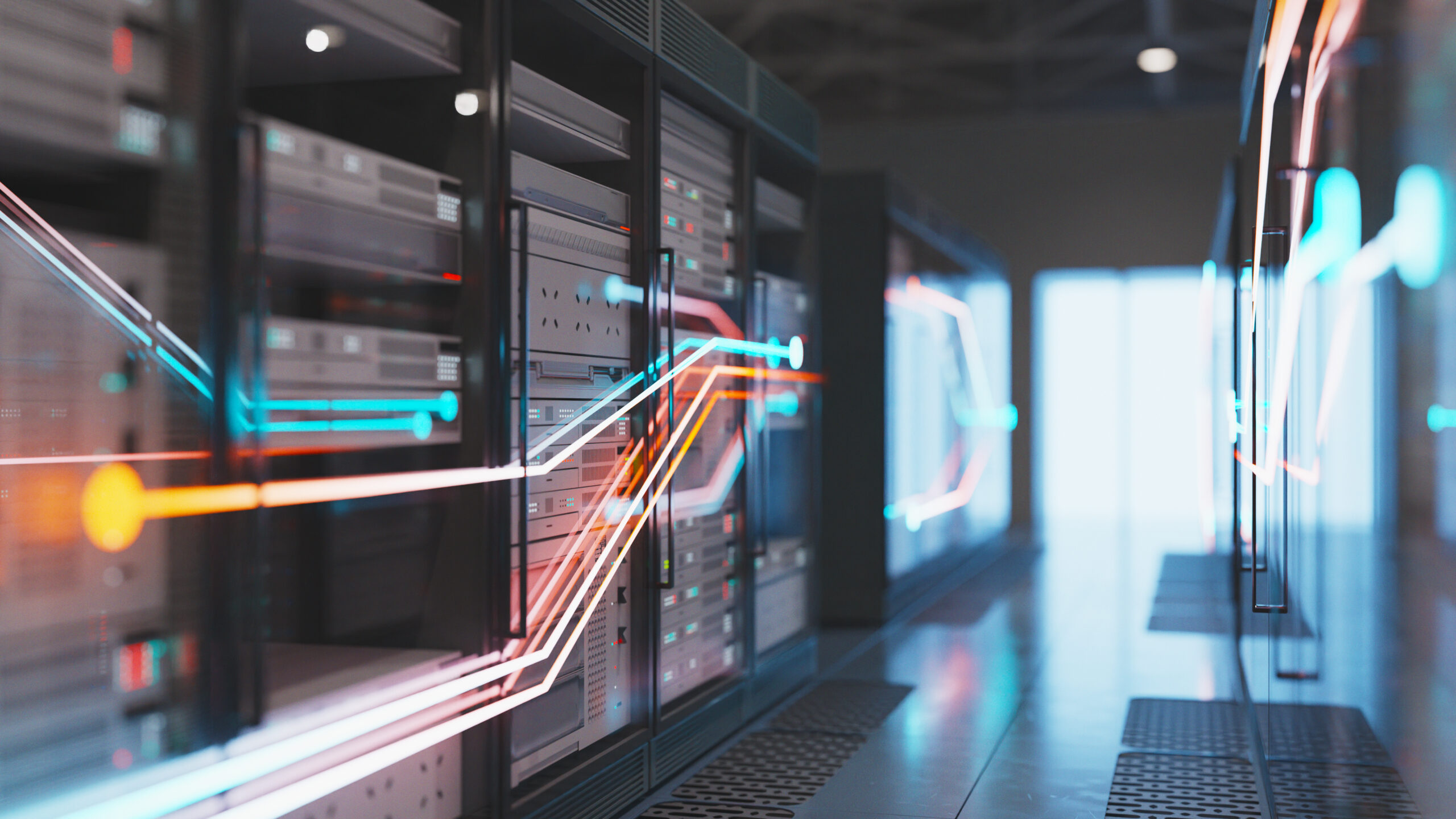 High-tech data center with light trails