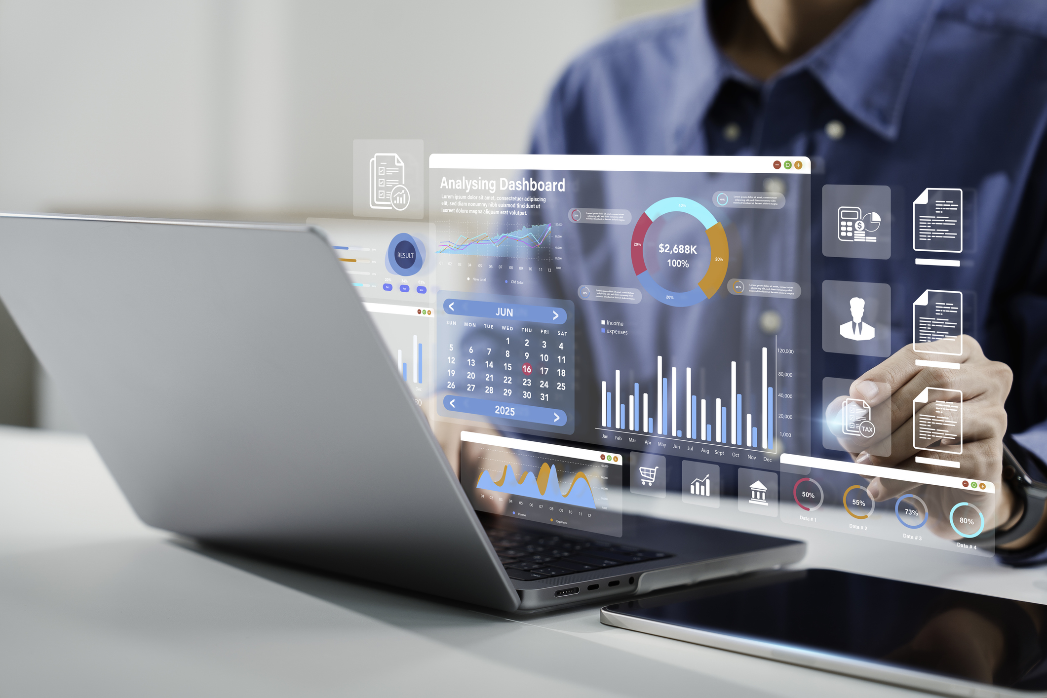 Person using laptop with data charts