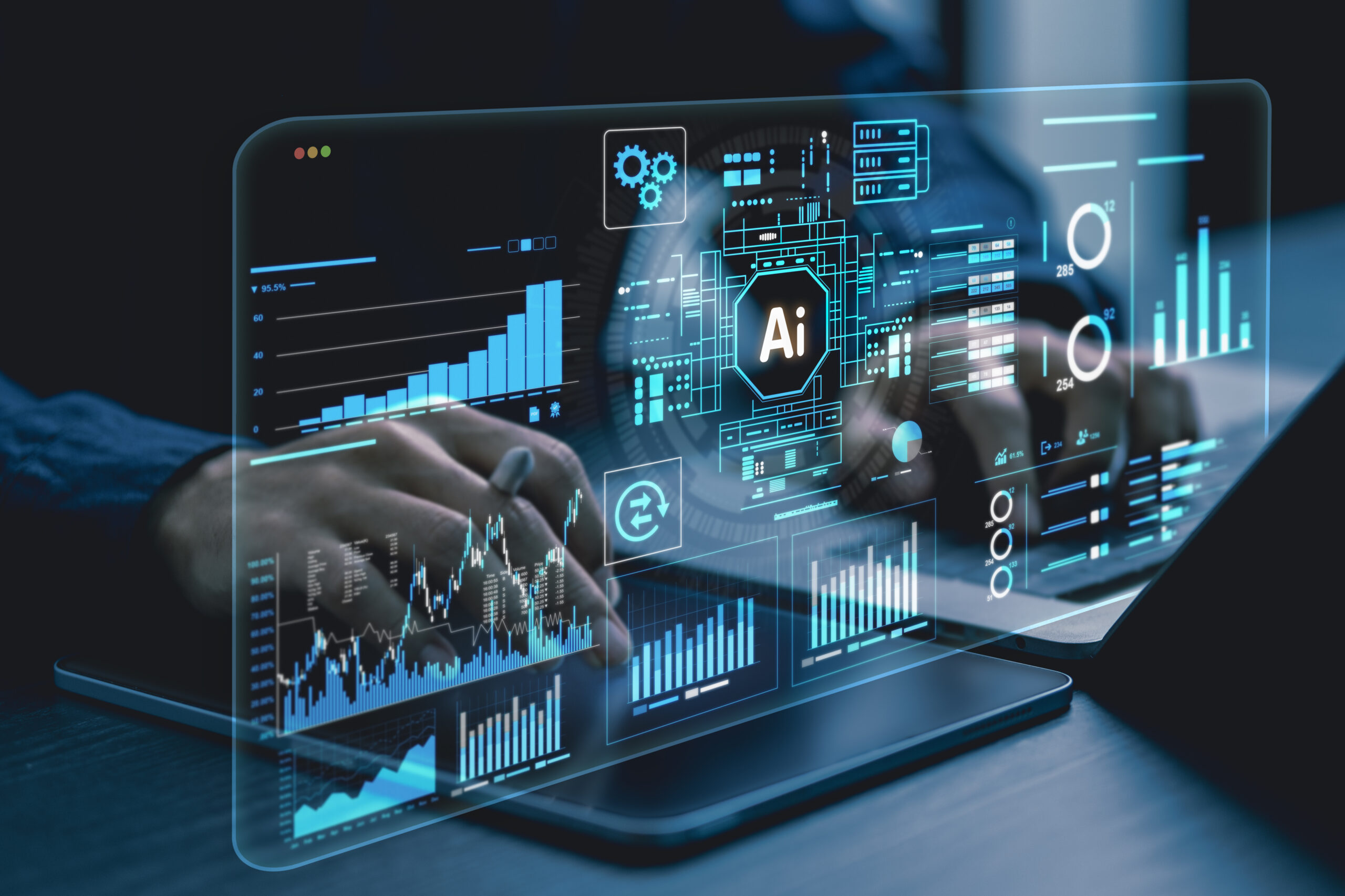 Hands typing with digital data overlay