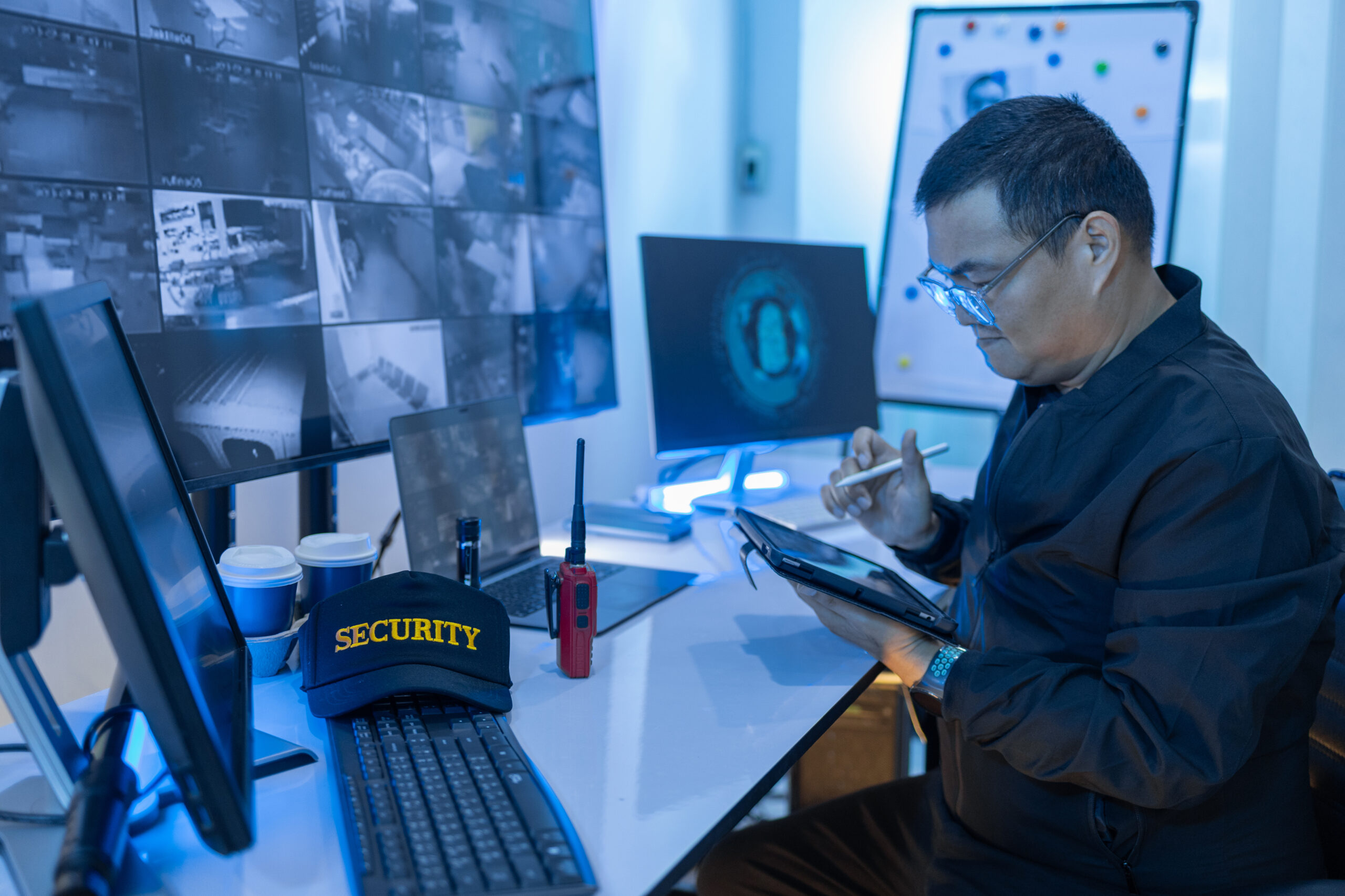 Security Man guard, Working in Control room by cctv monitor for protection, data center or building safety. Inspection, video surveillance agency and control room with footage, View Monitor and computer