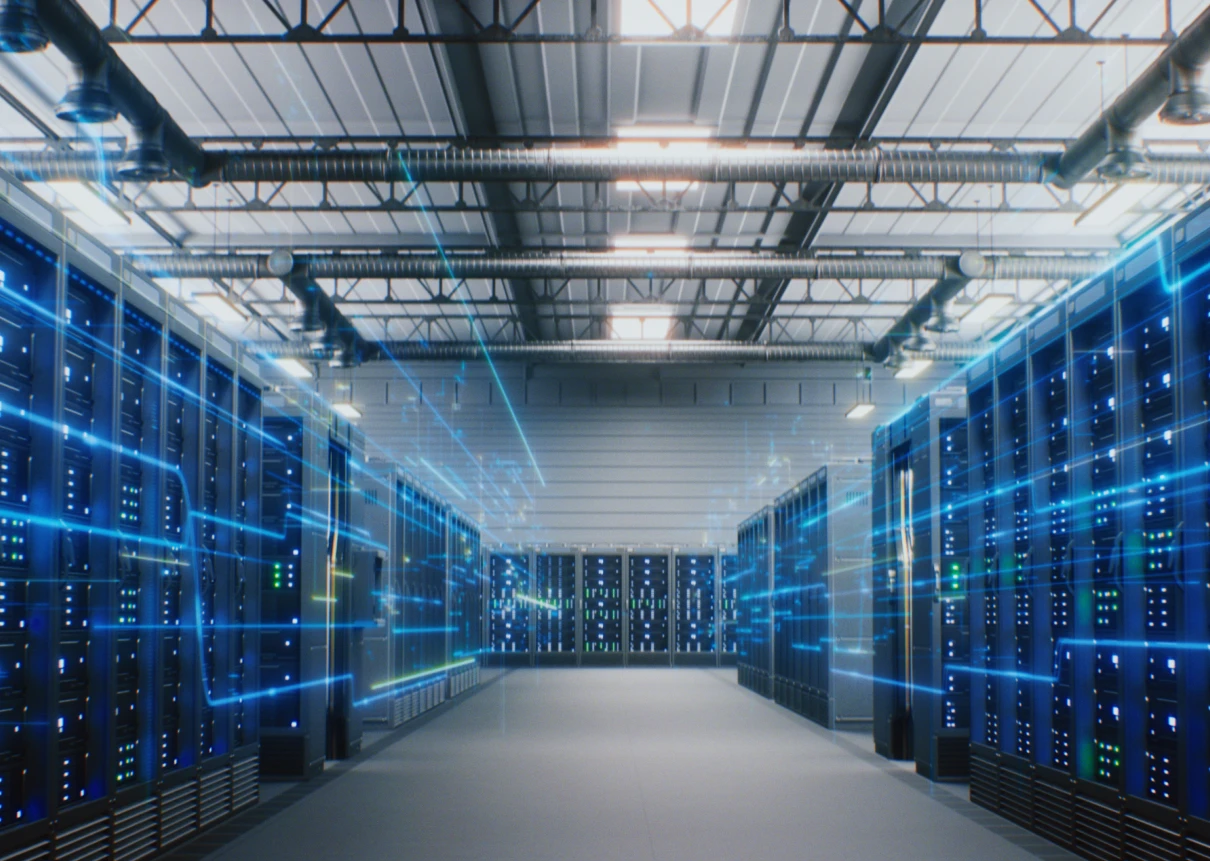 Modern server room with digital connections