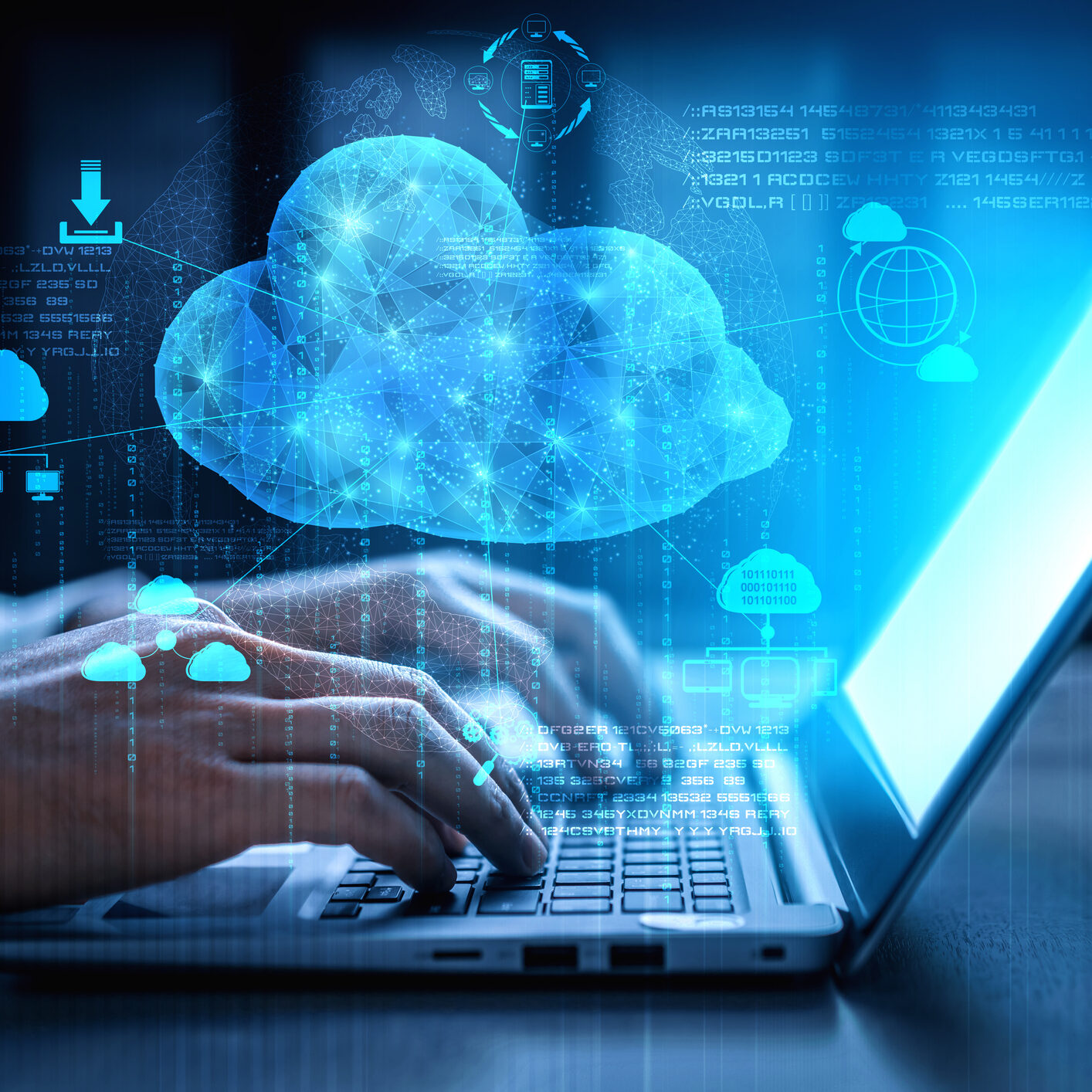 Cloud computing technology and online data storage for business network concept. Computer connects to internet server service for cloud data transfer presented in 3D futuristic graphic interface.
