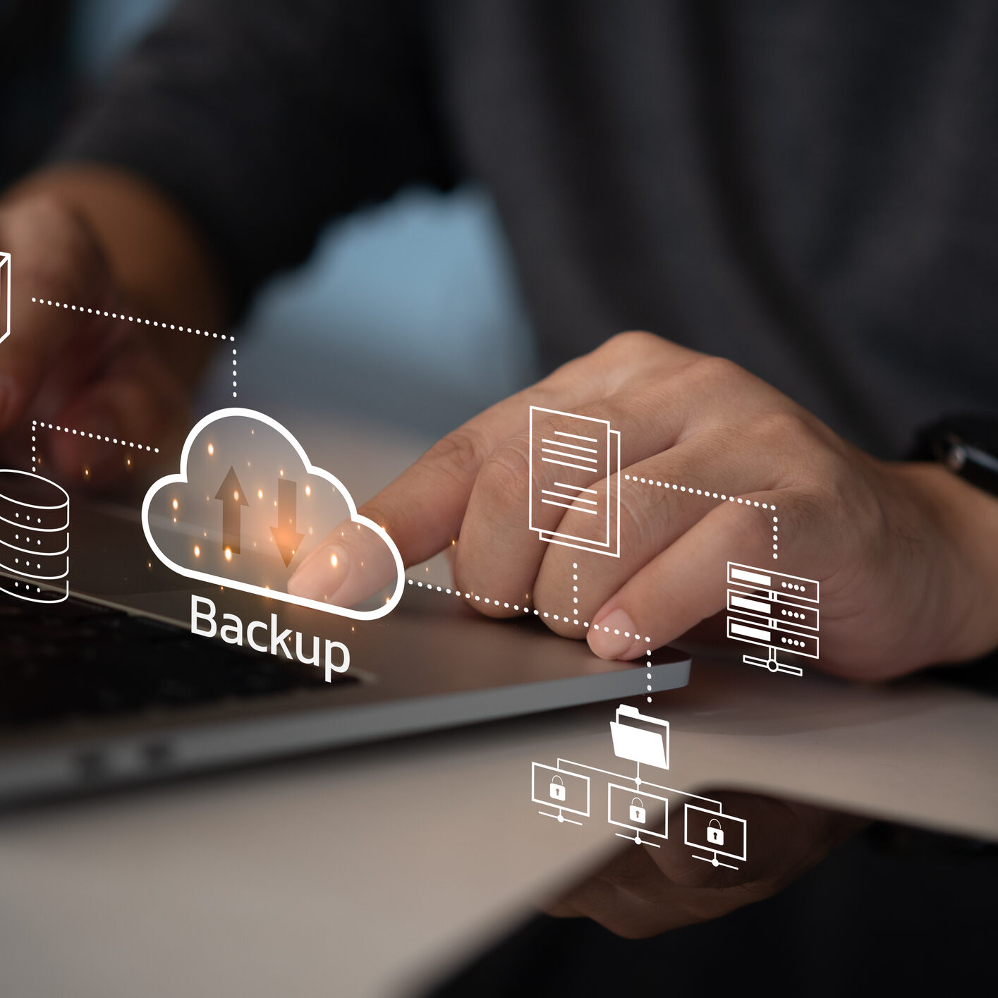 Businessman Interacting with a Backup Interface virtual cloud network data security system internet online with futuristic holographic digital technology.