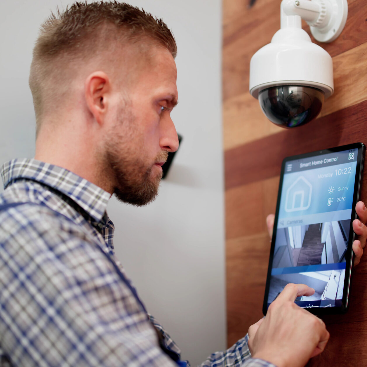 Individual interacting with wall-mounted tablet display