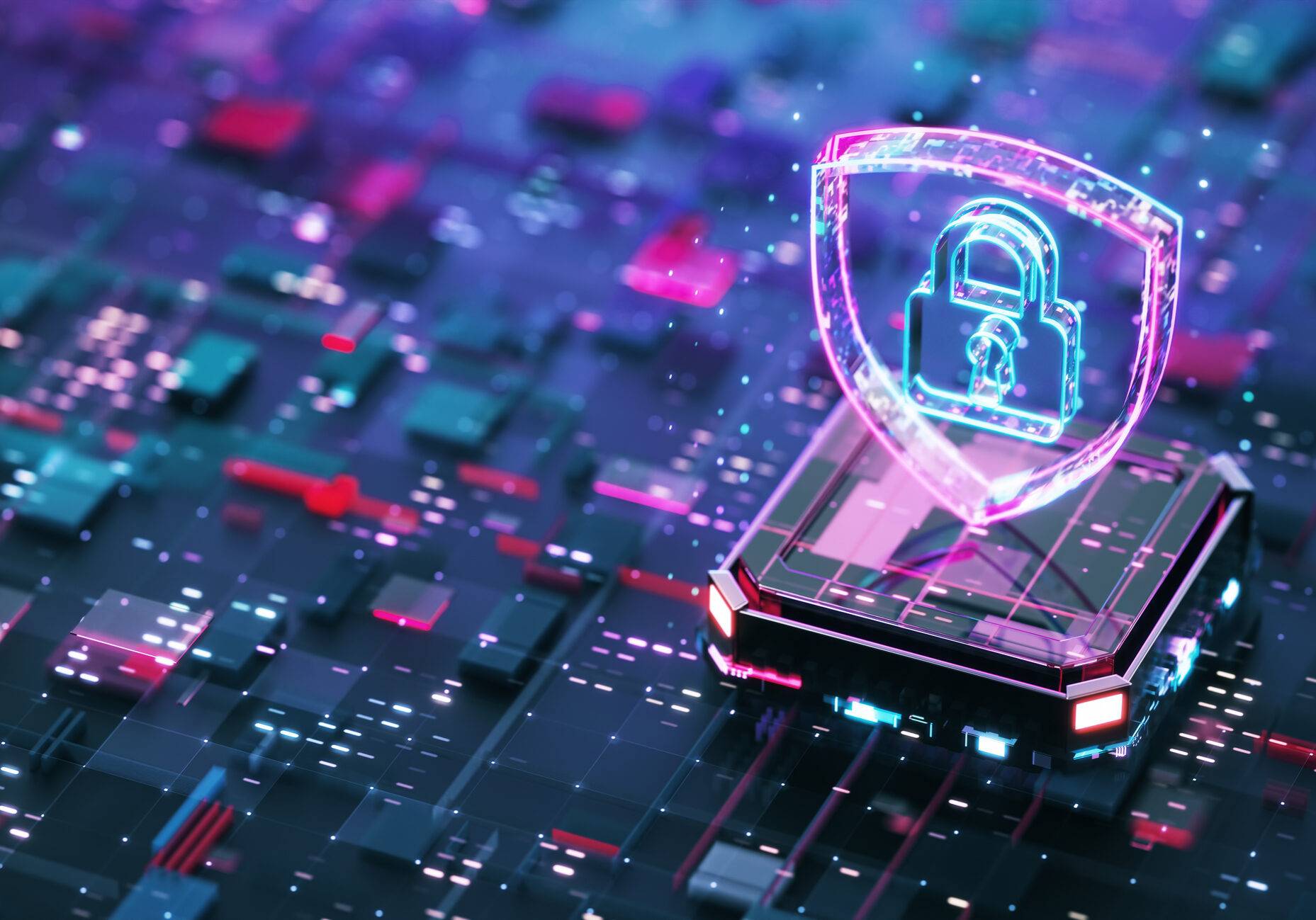 Digital security concept. Digital shield firewall with central computer processor and futuristic motherboard.