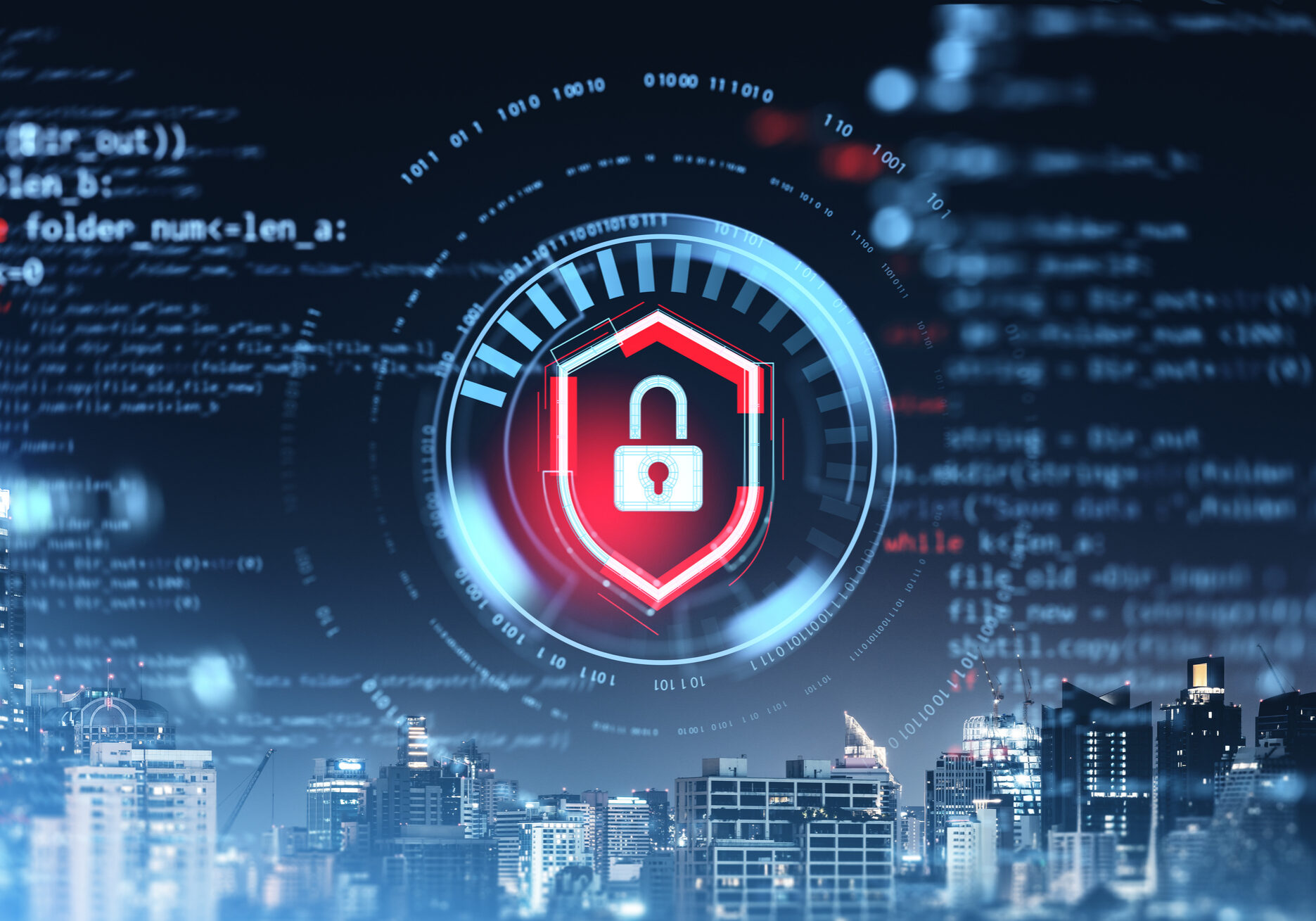 A digital padlock shield icon with binary codes and programming elements, overlayed on a city skyline background. Concept of cybersecurity