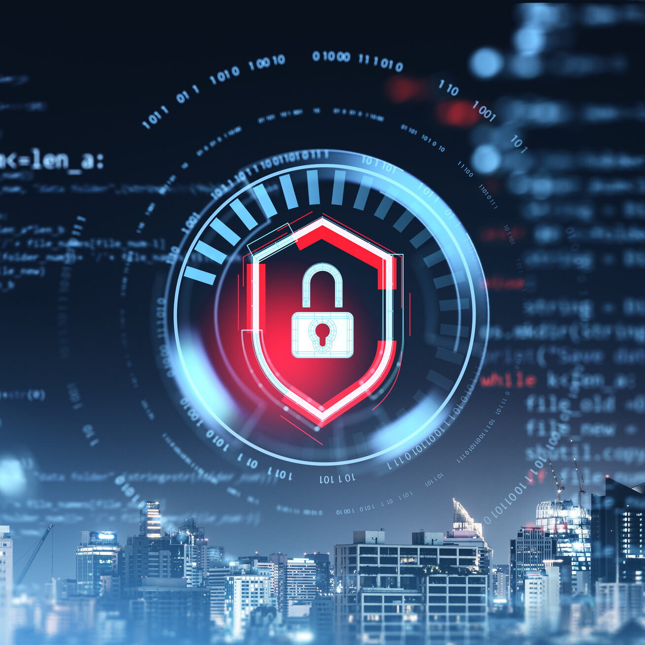 A digital padlock shield icon with binary codes and programming elements, overlayed on a city skyline background. Concept of cybersecurity