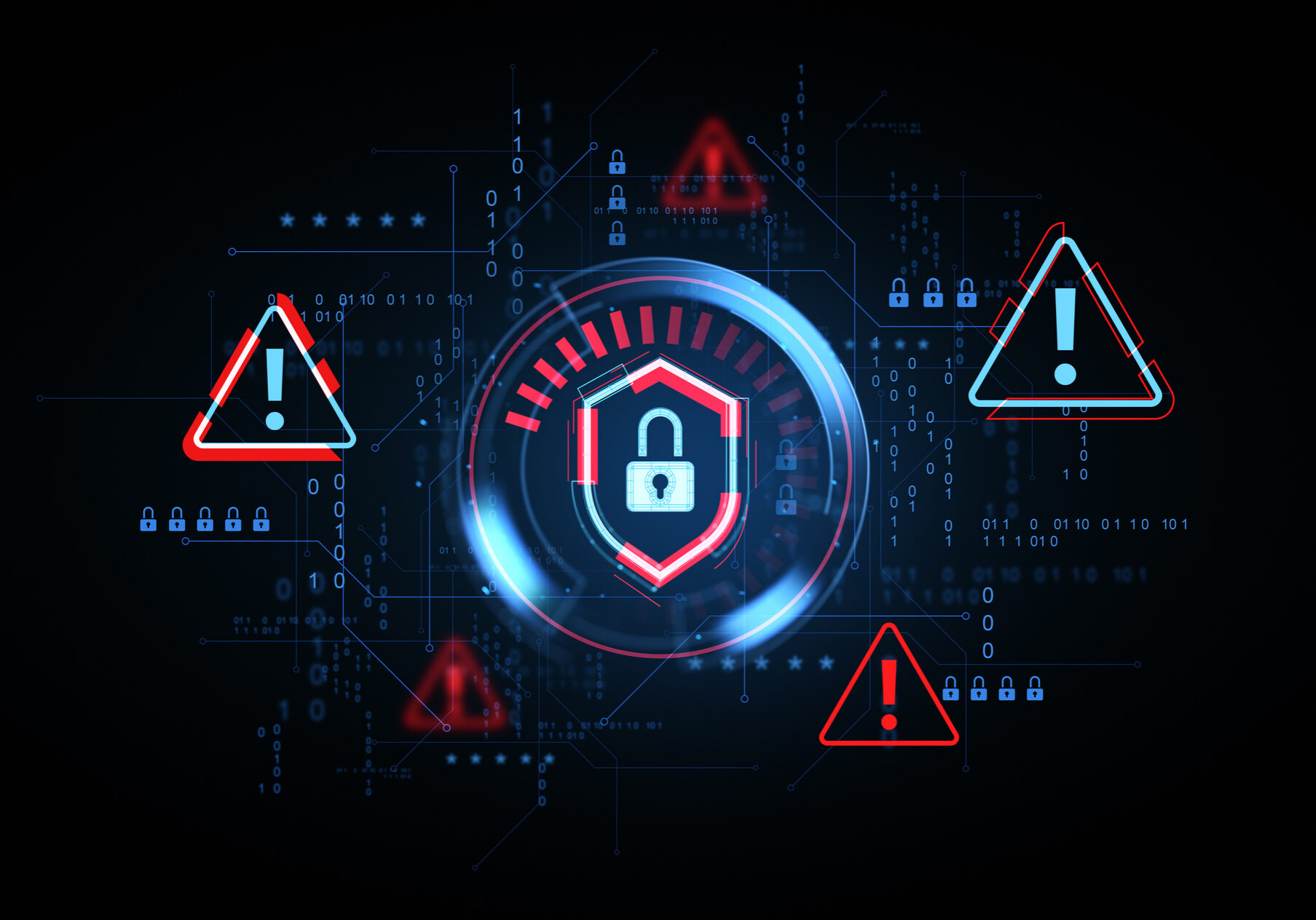 Unlocked padlock icon with red warning signs, glowing digital style, on dark tech background, concept of cybersecurity threat and data breach alert, 3D Rendering