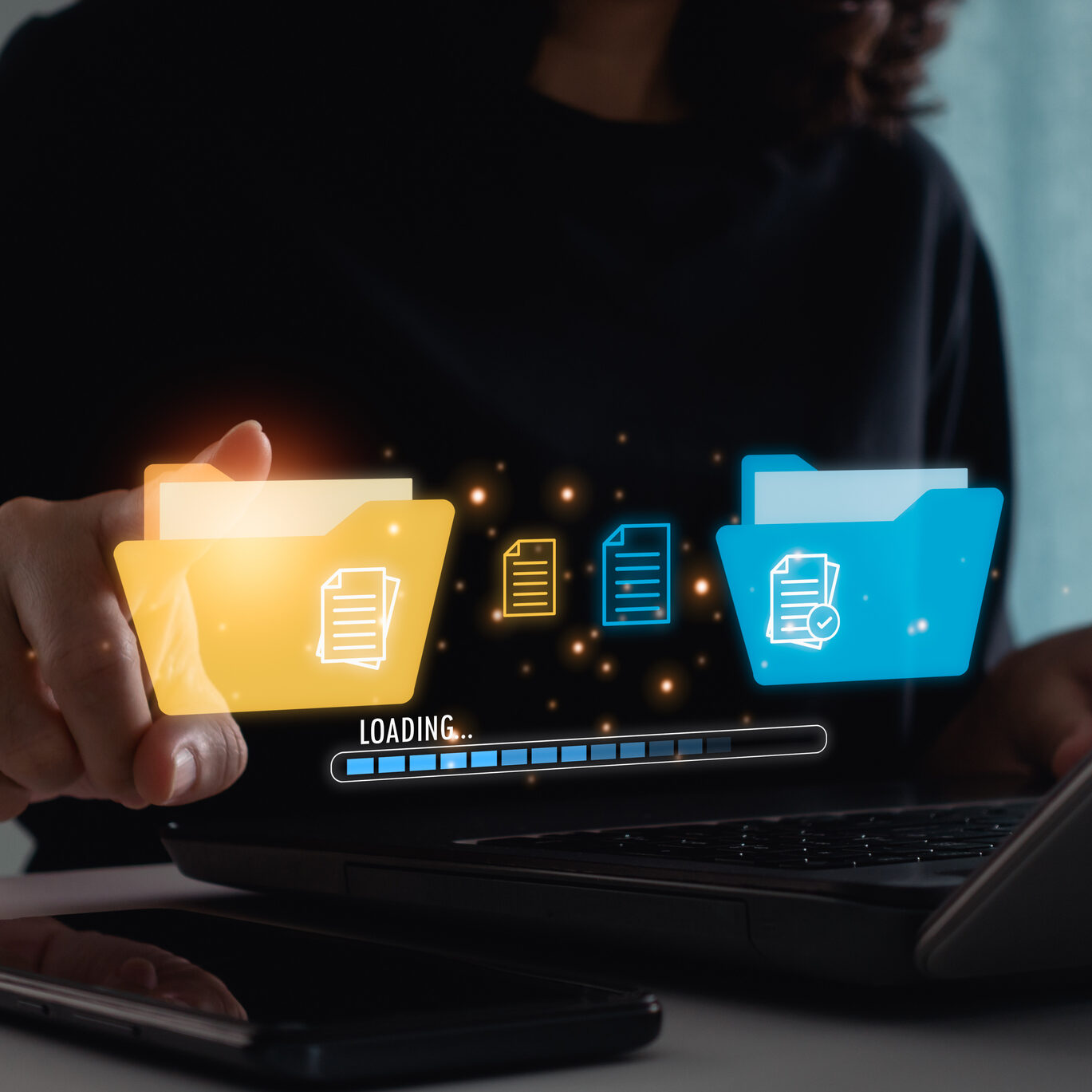 Woman hand touch on folder for sending of document on internet. Data transfer, transfer file of data between folder, Backup data, Exchange of files, DMS. Virtual document loading to another folder.