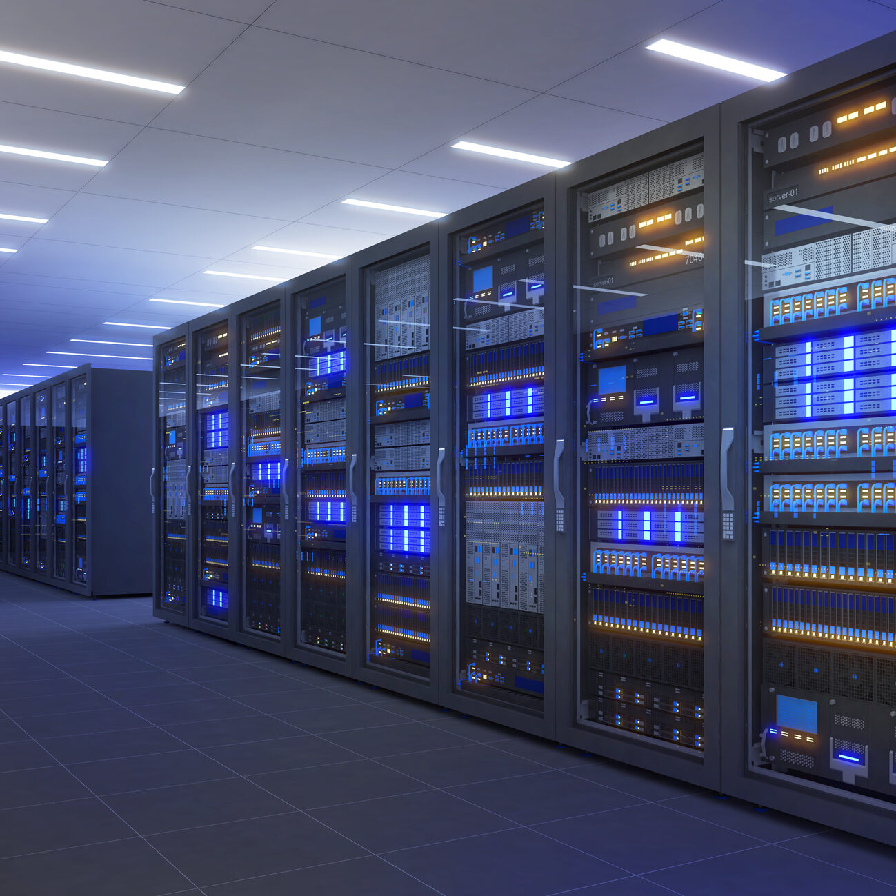 Data center with illuminated server racks