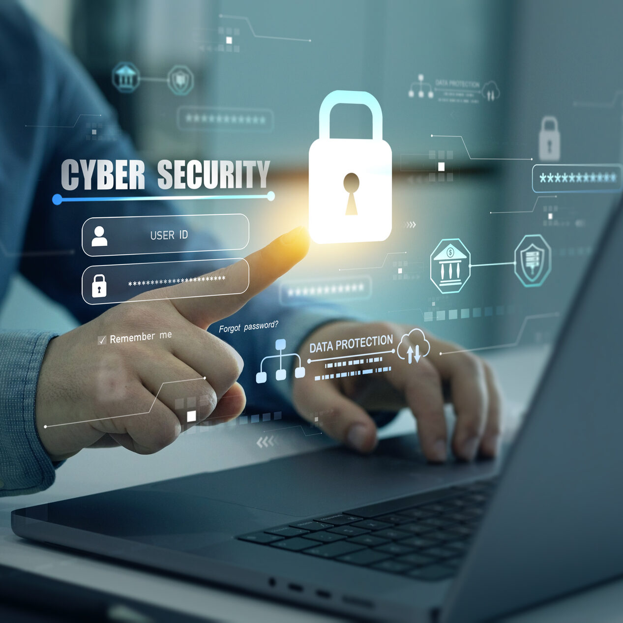 Protecting herself from cyber attacks and personal data.Protection data access.Cyber security protection concept.