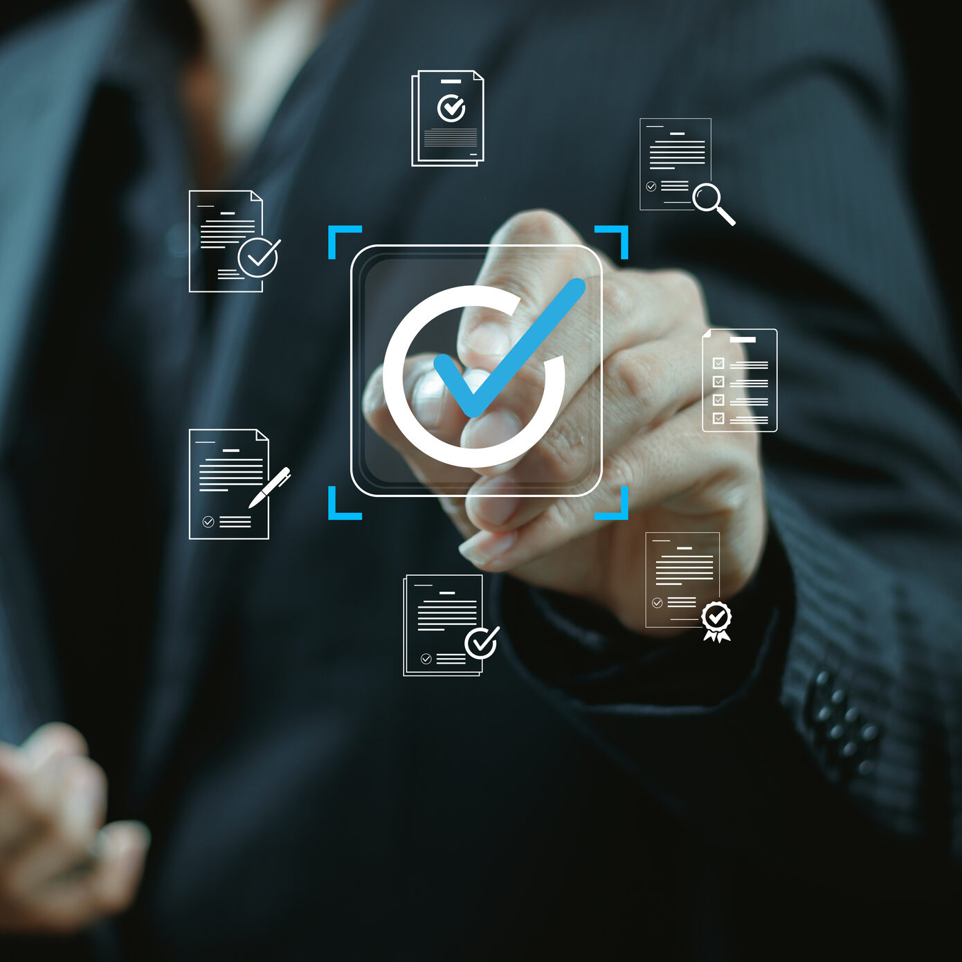 Businessman touching approved document icon on digital documents for approve business project proposals. Quality assurance and online evaluation of business concept.