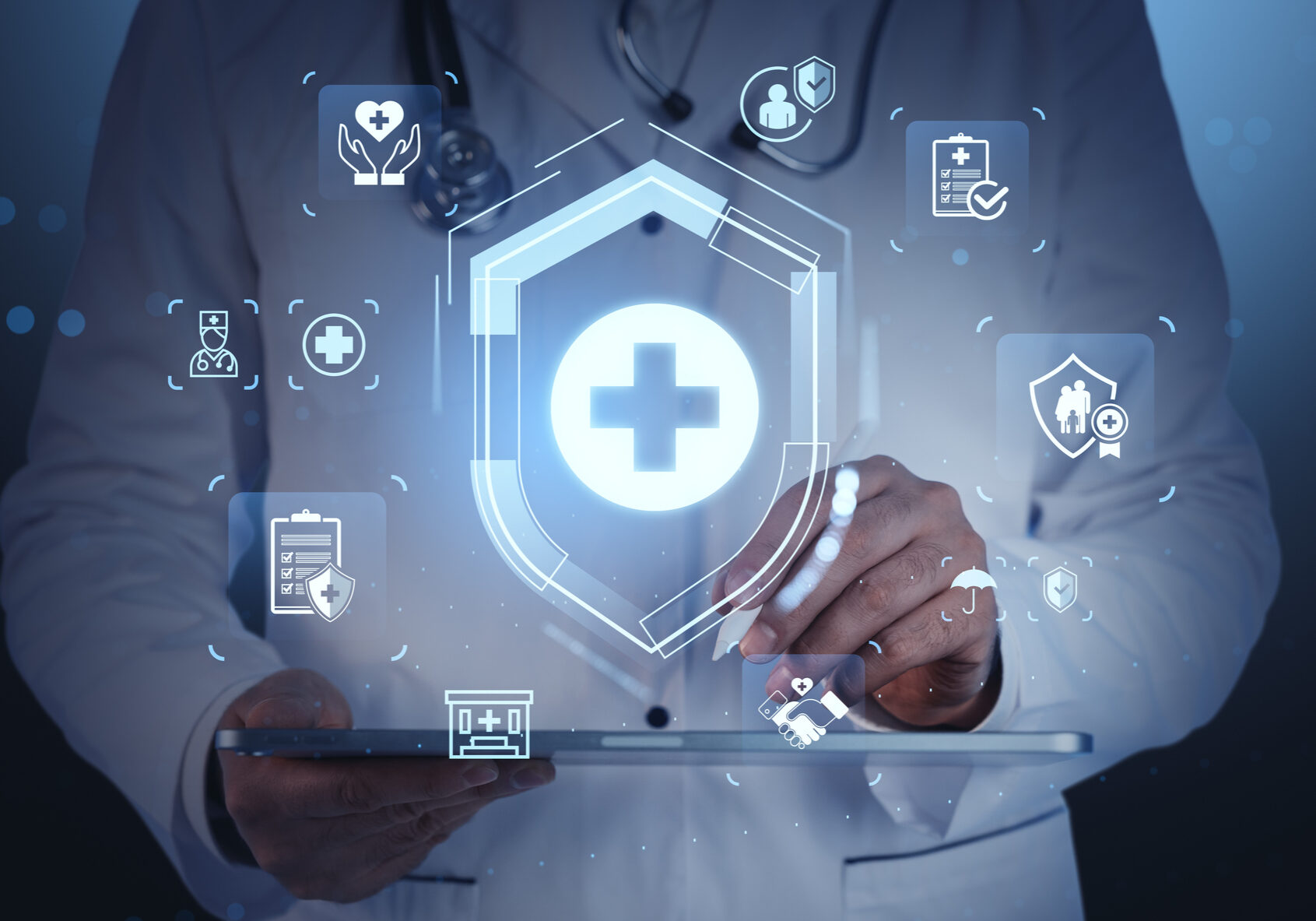Male doctor with stethoscope using tablet, futuristic digital healthcare icons overlay, dark blue background, concept of AI healthcare technology assist