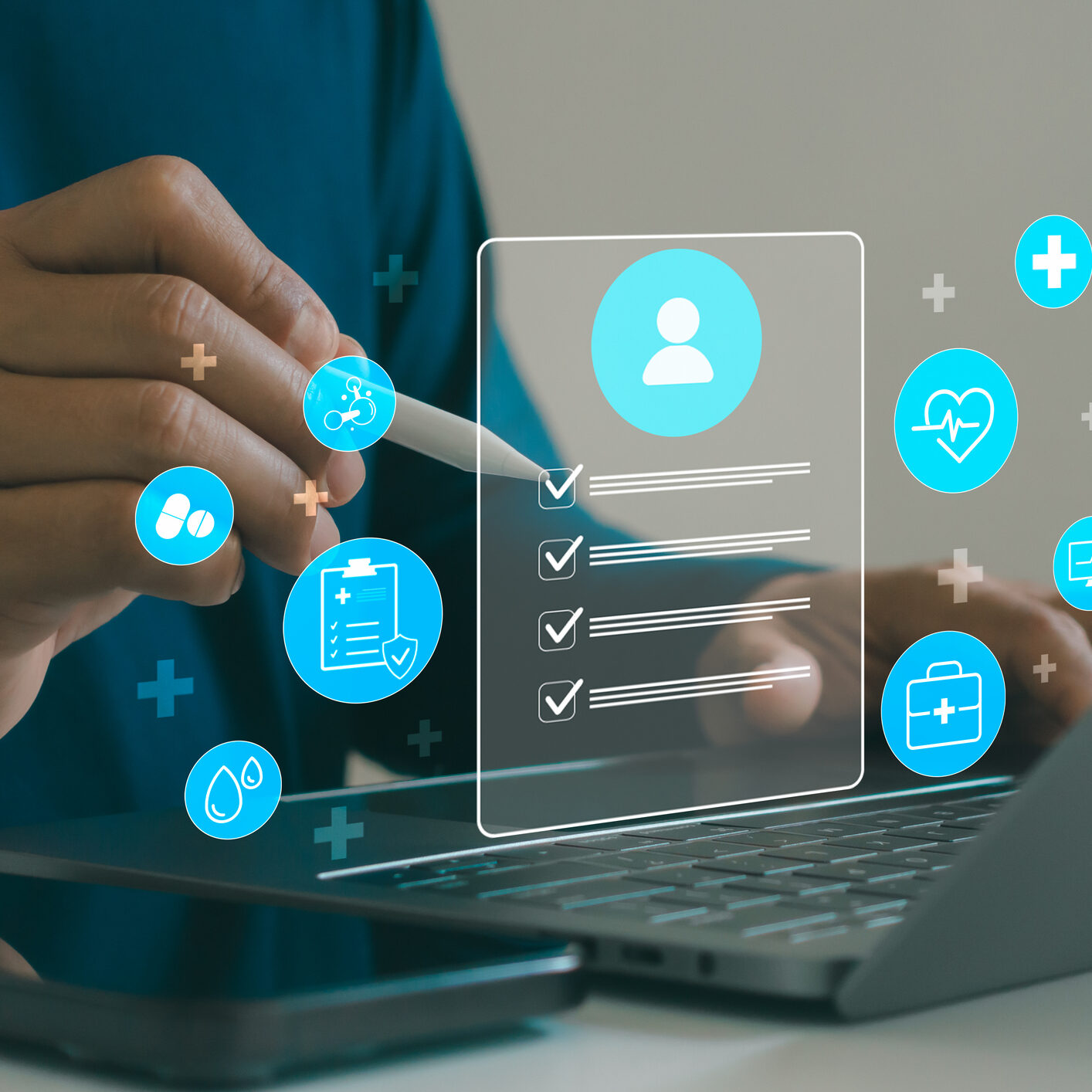 Healthcare professional using digital tablet to manage electronic medical records, patient data and health information system with medical icons, modern healthcare technology and telemedicine concept.